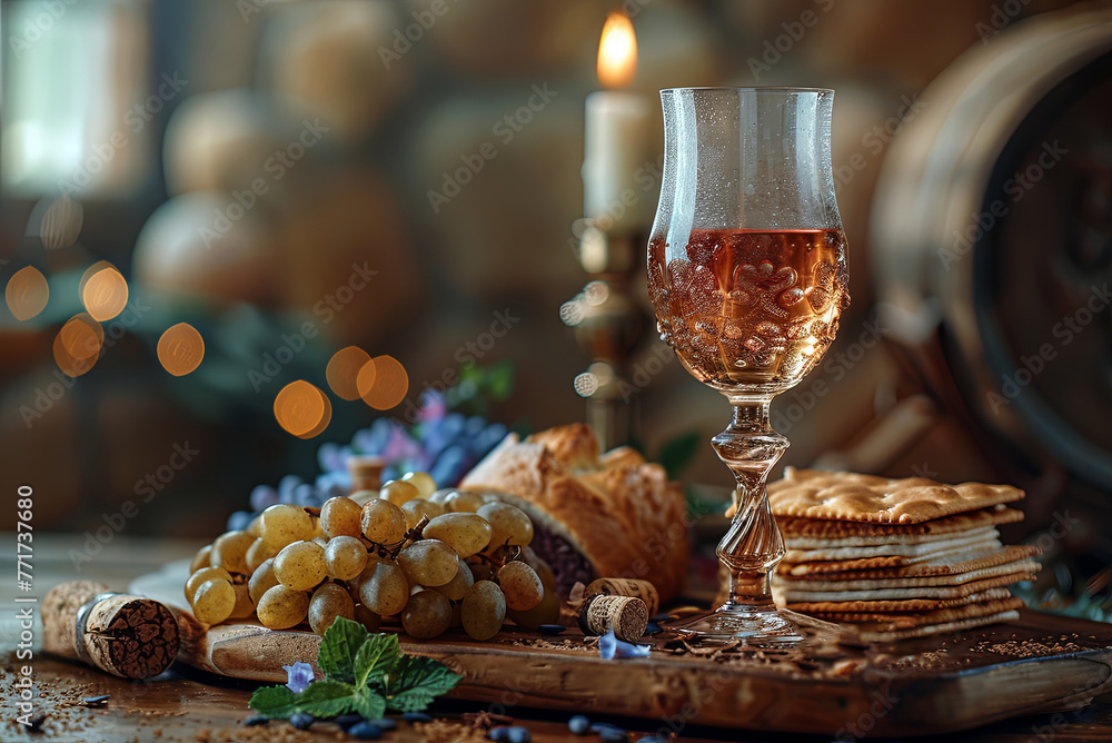 Traditional passover seder festive table with matzah and wine Traditional passover seder festive table with matzah and wine