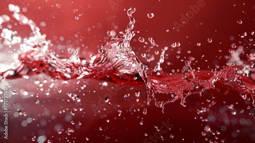  Red water splashes on red surface, white background in photo
