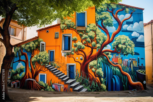 A city wall becomes a canvas for creative expression through a vibrant street art mural.