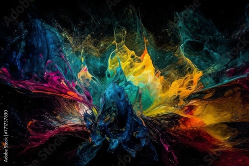 Abstract vibrant multicolor wet paint drops and splotch on black background. Bright orange and pink neon colors. Street art isolated. High quality photo