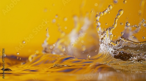  A zoomed-in image of a yellow backdrop with water droplets falling at its base