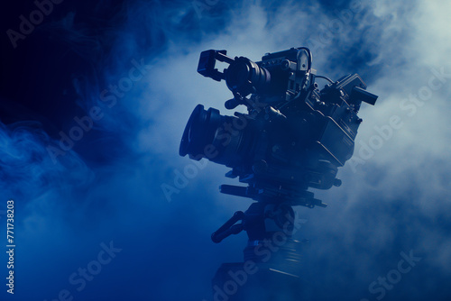 A video camera on a tripod in a dark room with blue lights and smoke.