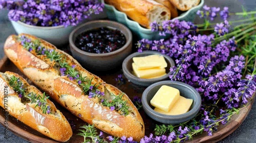  The arrangement on the platter includes bread, butter, blueberries, and lavender sprigs