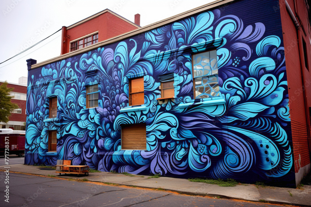 Engage with the intricate designs of a bold street art mural.
