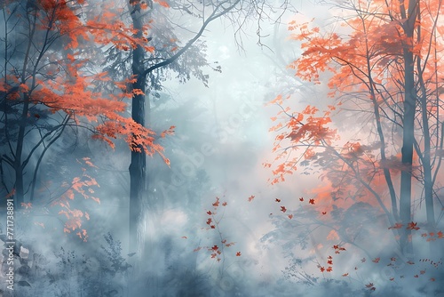 Print for Wallpaper. Fantasy design. Modern Art. Fog in the forest. Colored mystic background. Magical forest.