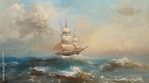 Sea landscape with a ship. Oil painting. A vintage ship in the sea. Painting by oil. Impressionism or realism landscape painting.