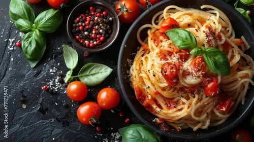  A black plate holds a bowl of white spaghetti, red tomatoes, green basil, black pepper, and creamy parmesan