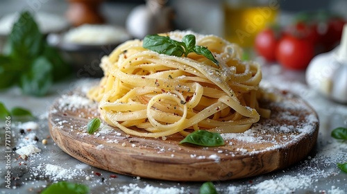  A plate of spaghetti topped with parmesan and basil on a wooden board