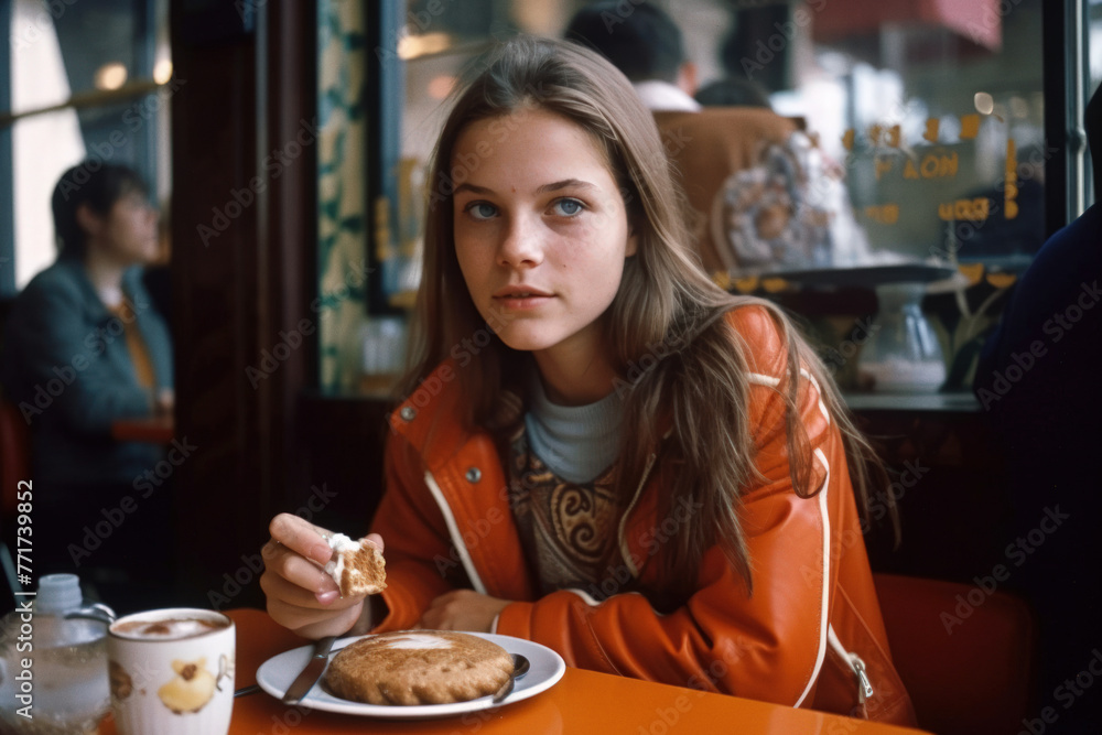 Teenager girl enjoying breakfast in a vintage coffee shop