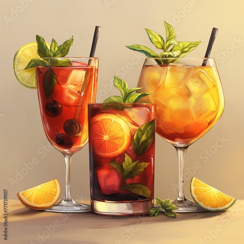 Illustration of two large summer cocktails with straws and one small cocktail with lemon slices