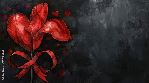 International Parkinson's awareness month concept, red tulip flowers with red ribbon symbol isolated on black background, April 11. Poster, banner, card, background. photo