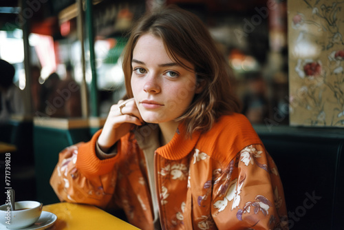 Teenager girl enjoying breakfast in a vintage coffee shop