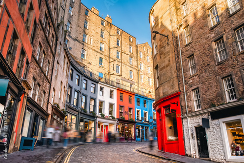 Colorful store fronts and old architecture along West Bow and Victoria Street in Edinburgh Old Town, Scotland