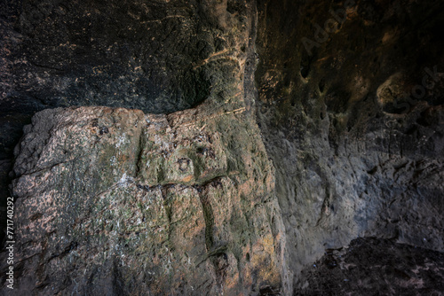 Sa Cova des Voltor, (the vulture cave), crosses carved in sandstone, historic sandstone quarry, Petra, Majorca, Balearic Islands, Spain