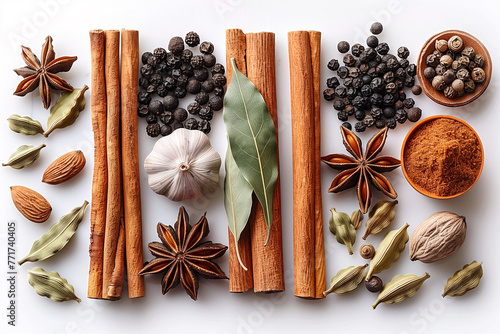 A collection of spices and herbs isolated on a white background