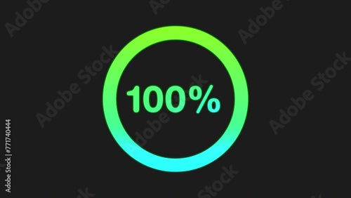 Circle percentage diagrams. Green neon glowing counter. Futuristic loading circle ring. Loading transfer download animation 0-100%. Alpha channel, 4K. photo