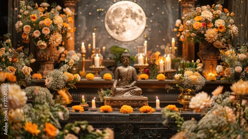 A close-up of a traditional Buddha Purnima altar, decorated with flowers, candles, and images of Buddha. The scene is set against the backdrop of a full moon, symbolizing enlightenment and peace. © Татьяна Креминская
