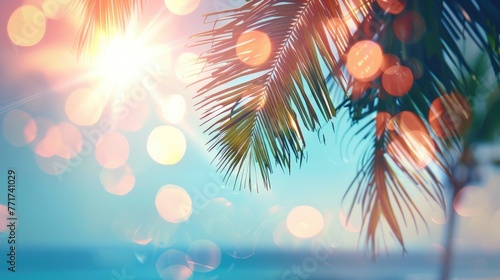  Abstract Blurred Seascape with Sun Rays, Light Blue Sky, and Palm Tree - Perfect Vacation Banner with Copy Space, Sparkling Bokeh, and Sun Beams © Image