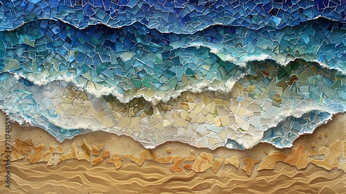 Artistic wall mosaic depicting waves with varying shades of blue, capturing the ocean's dynamic essence. photo