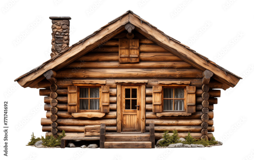 A quaint log cabin with a chimney and windows nestled in a serene forest setting