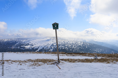 No entry, Do not enter. Protected landscape area in Jeseniky mountains, Czech Republic, Czechia - preserved nature marked by signboard, prohibition, forbid and ban. Landscape covered by snow in winter