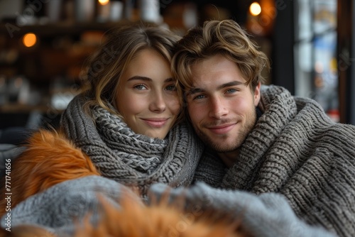 An affectionate couple shares a warm, oversized scarf, showcasing intimacy and comfort