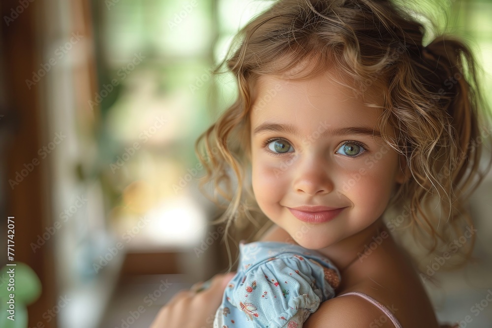 Cute young girl with curly hair and expressive big eyes smiling warmly at the camera Cute young girl with curly hair and expressive big eyes smiling warmly at the camera