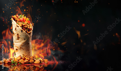 spicy chicken shawarma with fiery flames and copy space