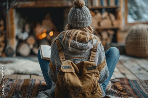 A woman engrossed in a book seated in front of a warm fireplace, surrounded by a rustic cozy ambiance photo