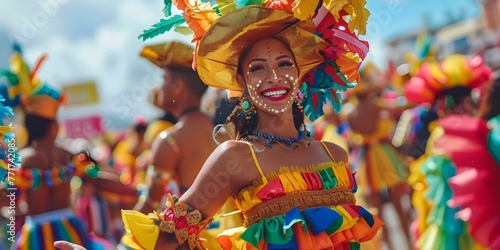 Vibrant Costumes at the Barranquilla Carnival in Colombia. Concept Carnival Fashion, Colorful Costumes, Cultural Festivals, Traditional Attire, Colombian Celebrations