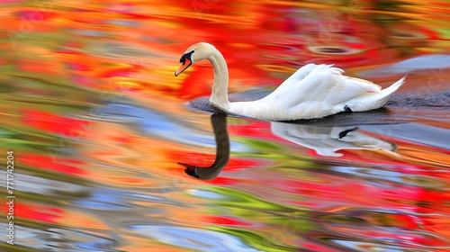  A swan gracefully glides atop a shimmering waterway, surrounded by an enchanting woodland adorned with vibrant foliage