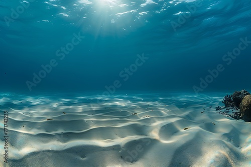 Underwater blue ocean wide panorama background with sandy sea bottom .
