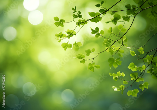 Close up spring nature view of green brunches on blurred garden background with copy space. Natural background Generative Ai