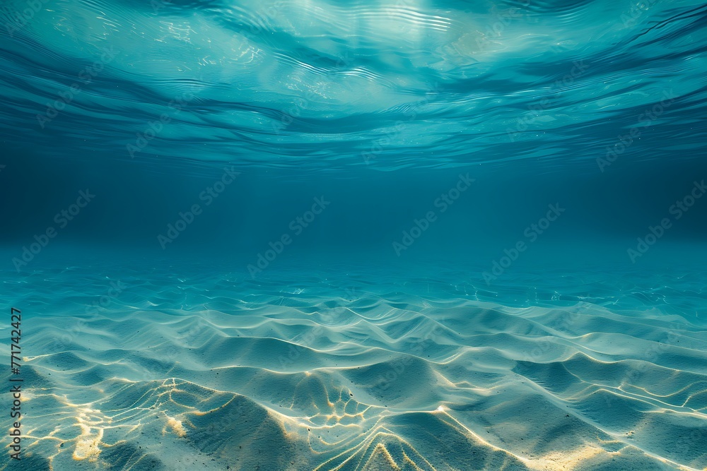 Underwater blue ocean wide panorama background with sandy sea bottom .