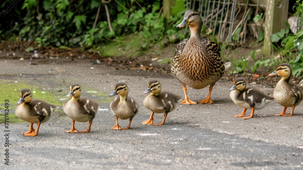 A cluster of ducks gathered near a fence and green shrub on a pavement A cluster of ducks gathered near a fence and green shrub on a pavement