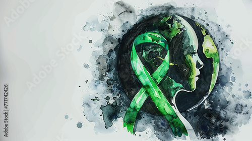 World Parkinson's Awareness Month background with green ribbon and black and white earth globe. 11 april  photo