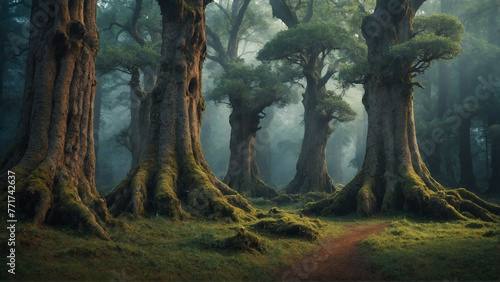 Forest landscape. Big old ancient trees in the mystical deep foggy forest