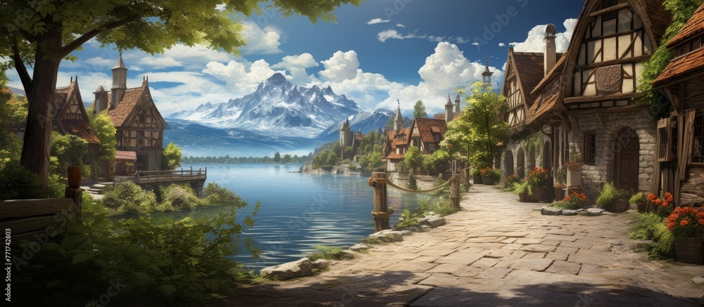 A natural landscape painting featuring a village surrounded by trees next to a tranquil lake, with majestic mountains and cloudy sky in the background