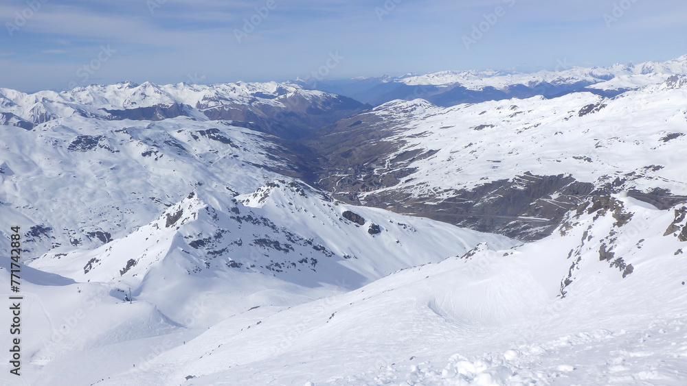The landscape, View from the mountain to the valley, the mountain tops covered with snow