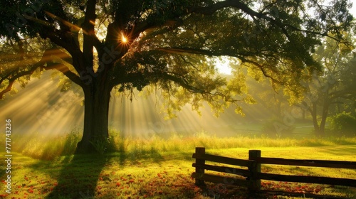  A wooden fence borders a tree  with sunlight filtering through the foliage and the sky above