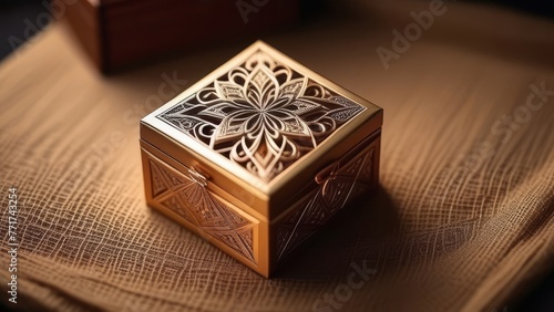 A gold box with a flower design sits on a table. The box is ornate and has a gold finish. The table is covered with a brown cloth