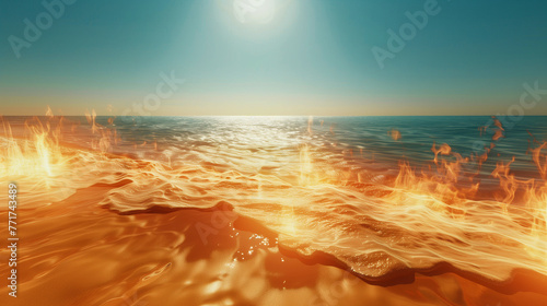 Fiery golden ocean waves under the blazing sun, ideal for dynamic energy concepts and heatwave visualizations.