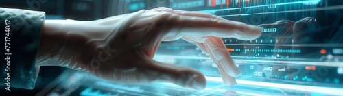 A close-up  super realistic image of a human hand touching a transparent  futuristic interface with holographic data and 3D graphs floating above it.