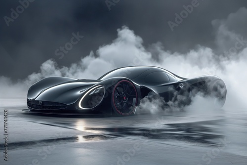 a sports car front and side view on a dark background, sports car closeup view, supercar isolated, automobile, car, supercar, car background, supercar in smoke background, car side view, car closeup © MH