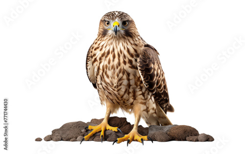 A bird of prey perches gracefully on a rugged pile of rocks, surveying its surroundings with keen eyes