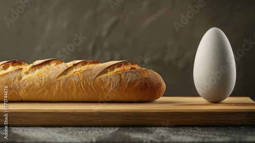  A loaf of bread with a table background and an egg nearby, displayed on a wooden cutting board