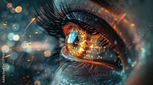 Eye looks to the future business. Woman s eye in the double exposure of a modern city and technology. AI generated illustration