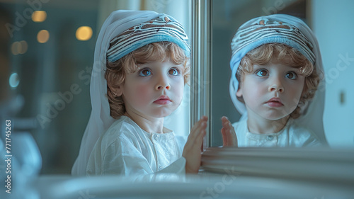 an emirati child wearing local emirati clothes , standing in his childrenroom and looking at mirror ,generative ai photo