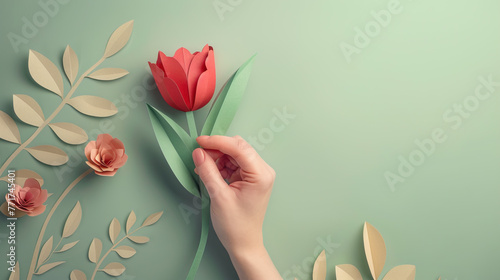 concept of Parkinson's disease day , 11 april, Alzheimer awareness day, dementia diagnosis, memory loss disorder, red tulip or rose flower in human hands Suitable for greeting card, poster and banner.