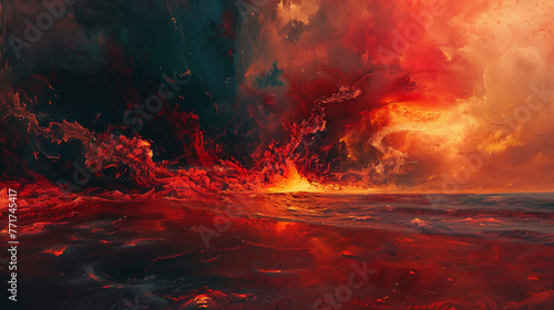 Apocalyptic fiery landscape with dramatic red sky - ideal for intense gaming backgrounds, book covers, or metal album art